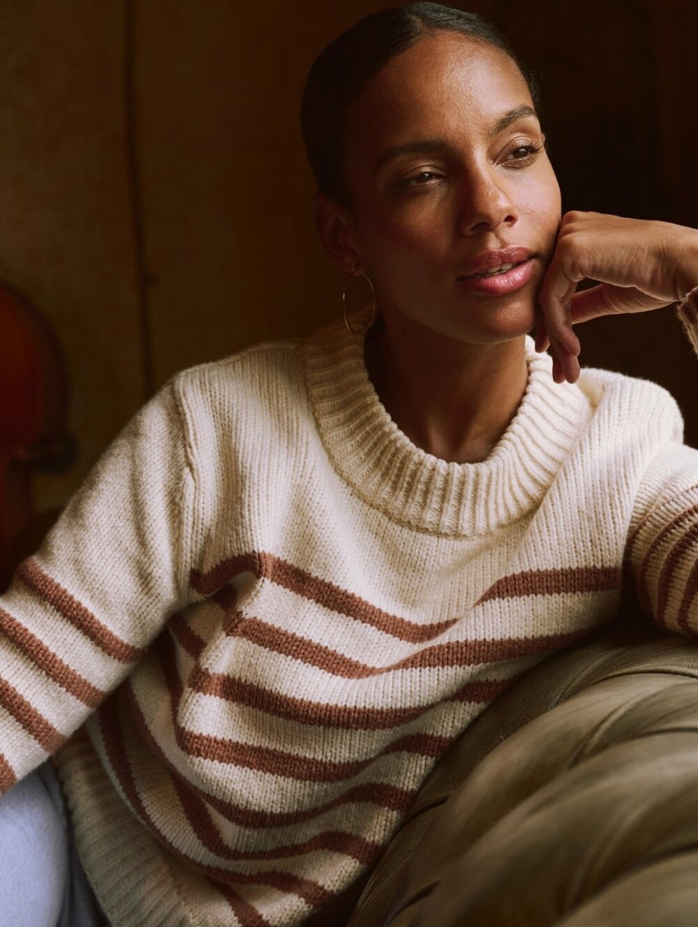 EUC Faherty Cuddle Striped Crew Sweater in Chai Stripe